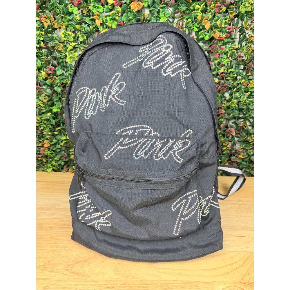 Victorias Secret PINK Black Rhinestone Logo Backpack Glitter Strap School Bag